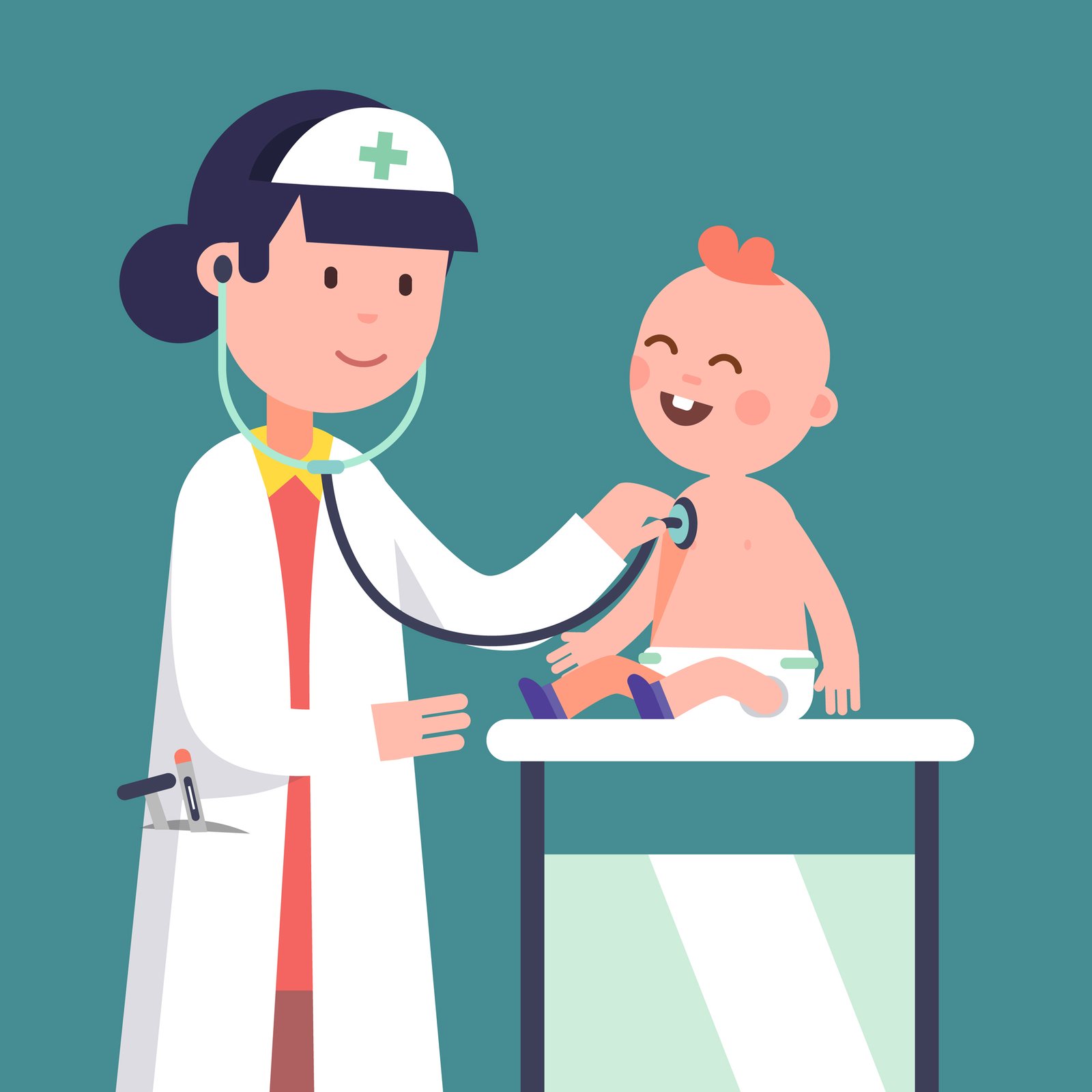 Pediatrician doctor woman doing medical examination of baby boy. Listening to kid heart rate with stethoscope. Modern flat style vector illustration cartoon clipart.